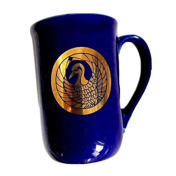 Asian Design Skinny Coffee Mug Cup Cobalt Blue Shiny Gold Signs Set 5  Vintage - Picture 4 of 10